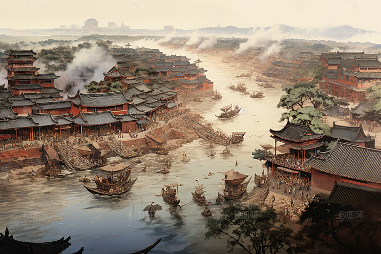 清明上河图风格画卷中国传统插画