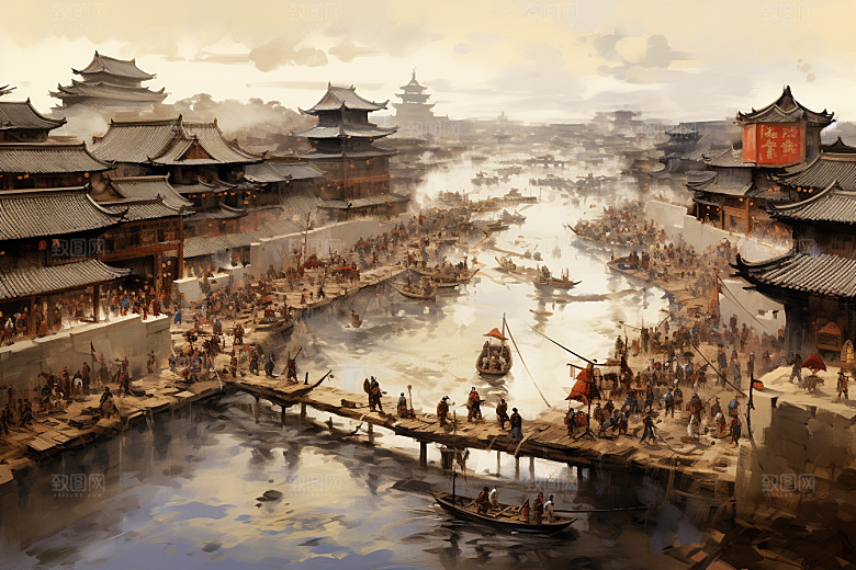 清明上河图风格水墨水乡插画