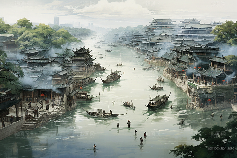 清明上河图风格水乡画卷插画