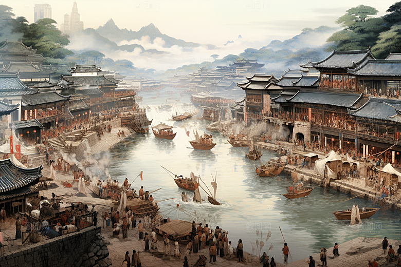 清明上河图风格画卷历史插画
