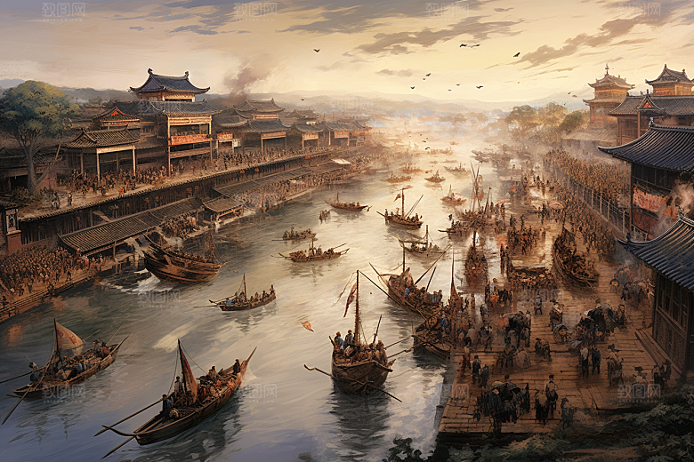 清明上河图风格中国传统山水插画