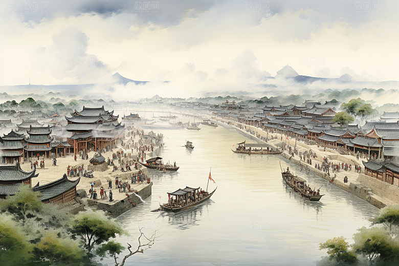 清明上河图风格古建筑历史插画