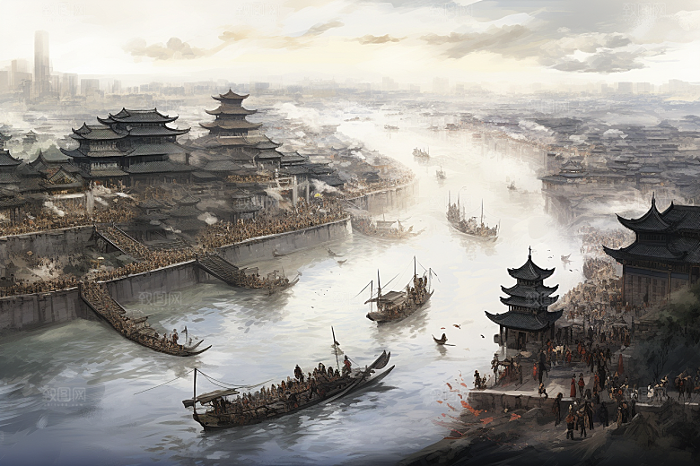 清明上河图风格水乡中国传统插画
