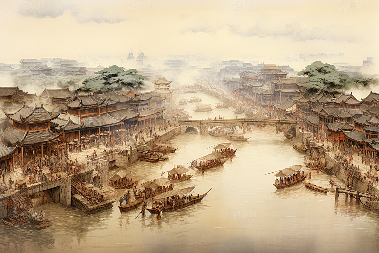 清明上河图风格画卷古城插画