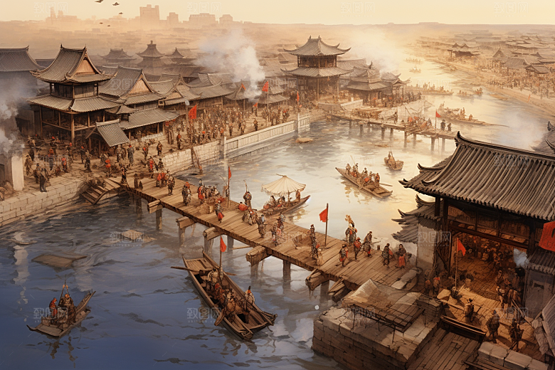清明上河图风格古城水乡插画