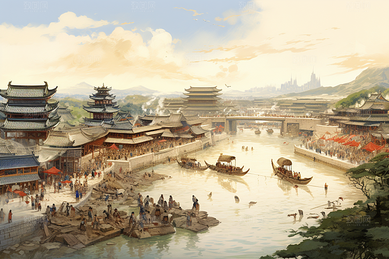 清明上河图风格历史水乡插画