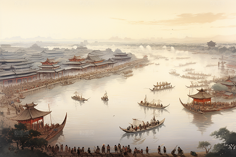 清明上河图风格中国传统古城插画