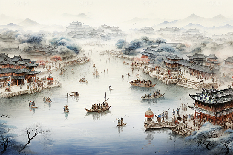 清明上河图风格水乡画卷插画