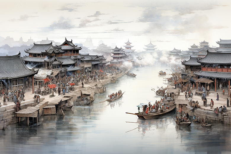 清明上河图风格古建筑古风插画