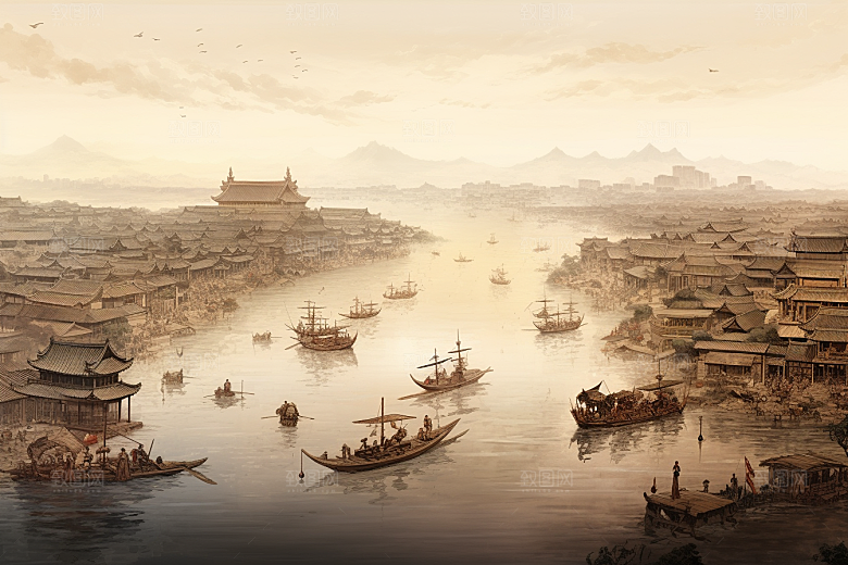 清明上河图风格古风水乡插画