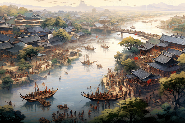 清明上河图风格画卷水乡插画