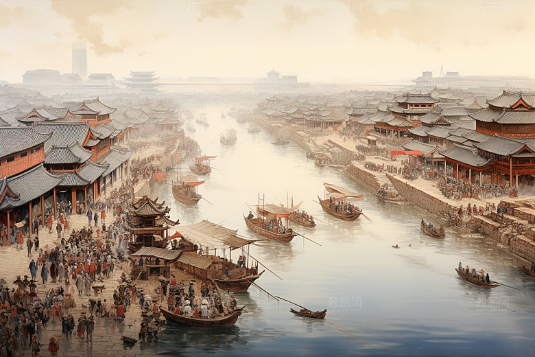 清明上河图风格山水画卷插画