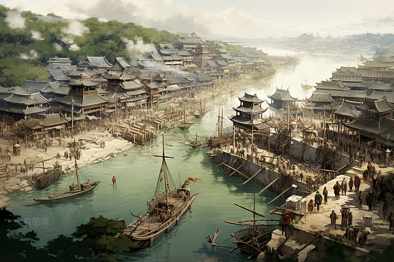清明上河图风格古城水墨插画