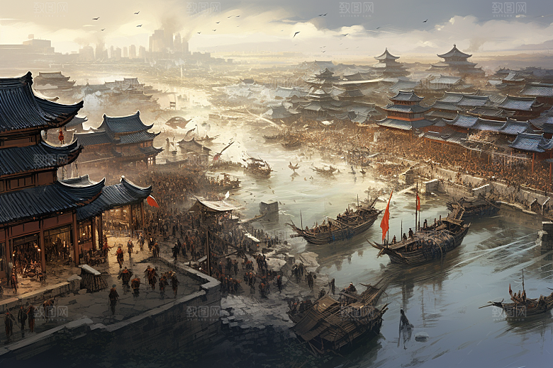 清明上河图风格画卷水墨插画