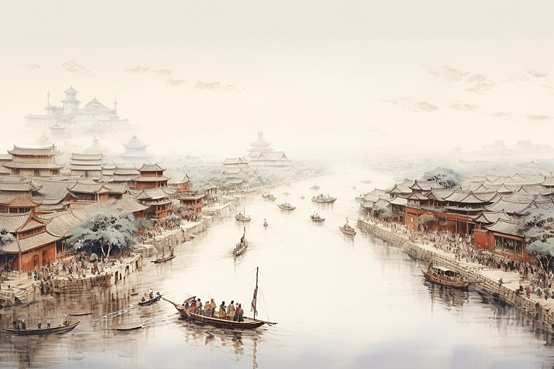 清明上河图风格水乡古风插画