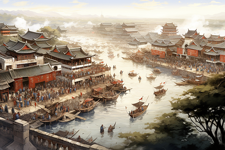 清明上河图风格古建筑高清插画