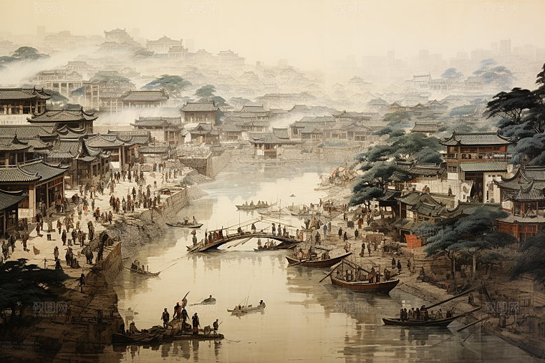清明上河图风格古风高清插画