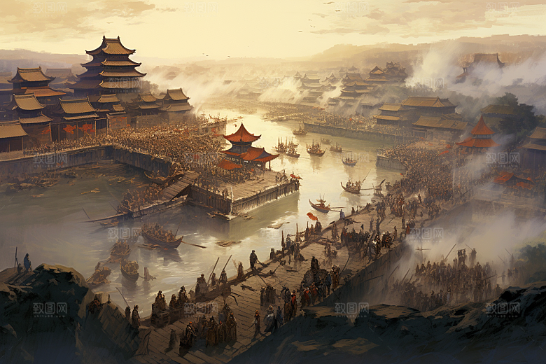 清明上河图风格古城古风插画