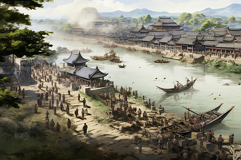 清明上河图风格古建筑画卷插画