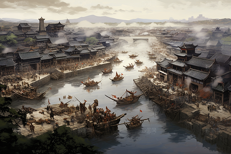 清明上河图风格山水水乡插画