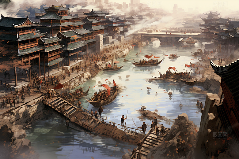 清明上河图风格水墨古风插画