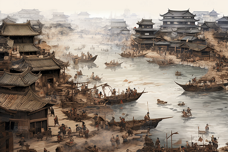清明上河图风格高清水乡插画