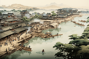 清明上河图风格中国传统古城插画