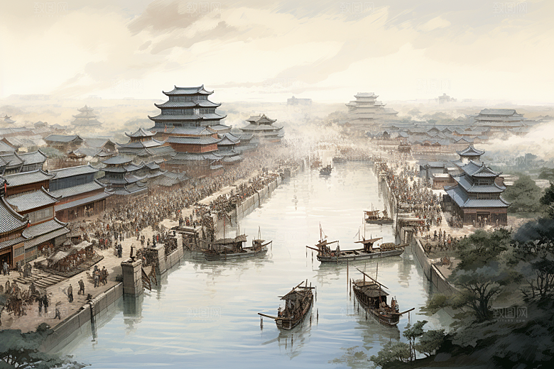 清明上河图风格古风水乡插画