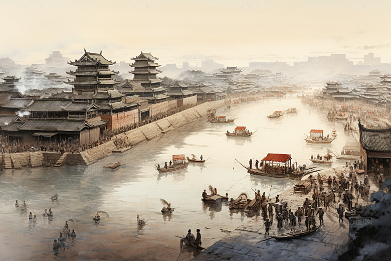 清明上河图风格山水古建筑插画
