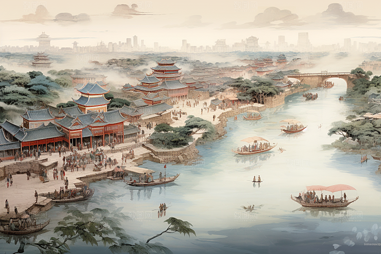 清明上河图风格水墨中国传统插画