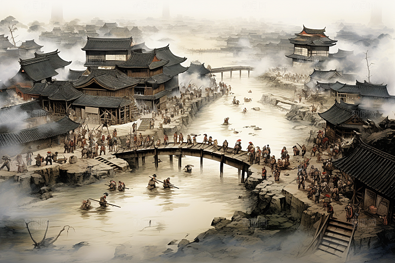 清明上河图风格历史水乡插画