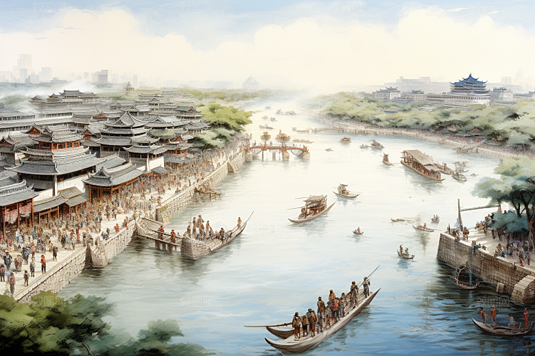 清明上河图风格水墨高清插画