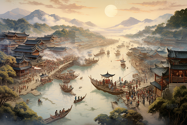 清明上河图风格中国传统古建筑插画