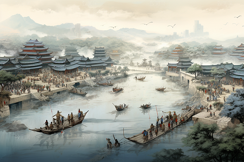 清明上河图风格水墨山水插画