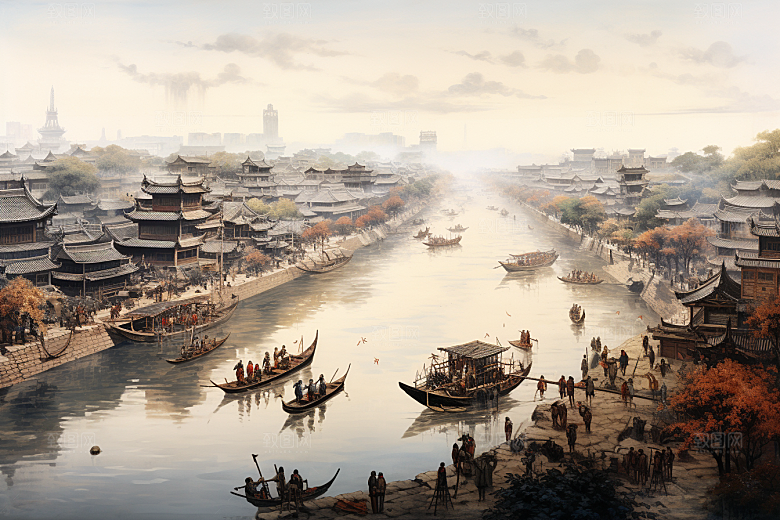 清明上河图风格古风山水插画
