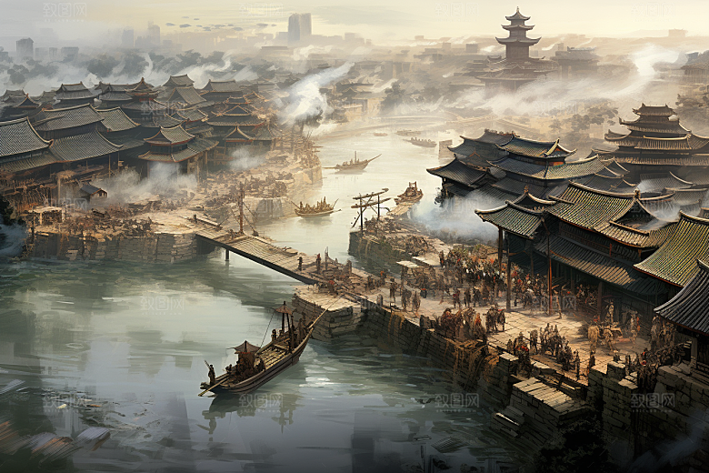清明上河图风格水乡水墨插画