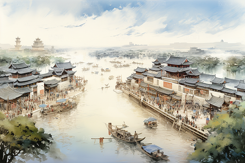 清明上河图风格古建筑历史插画