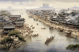 清明上河图风格中国传统古建筑插画
