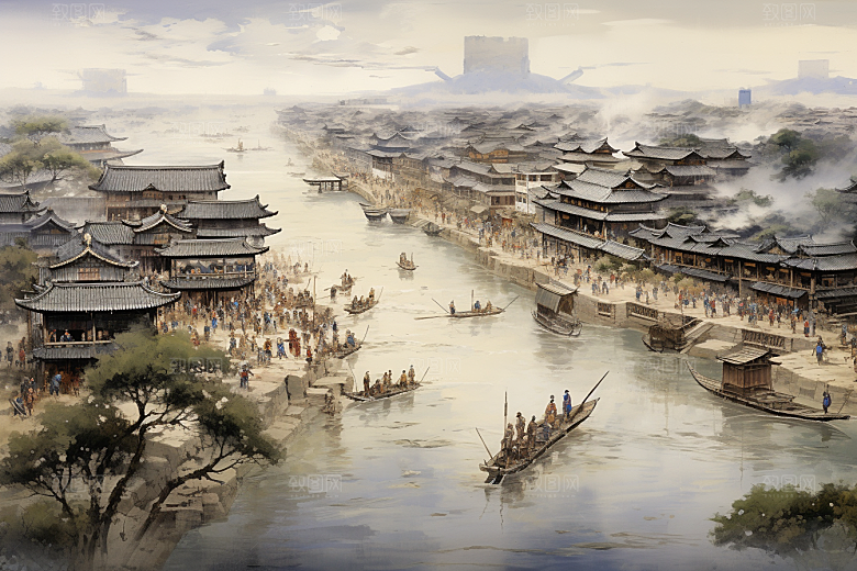 清明上河图风格中国传统古建筑插画