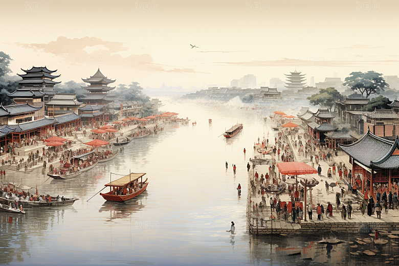 清明上河图风格画卷高清插画