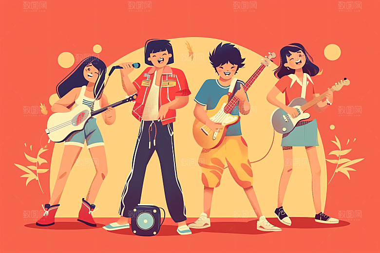 青年人物欢聚活力插画