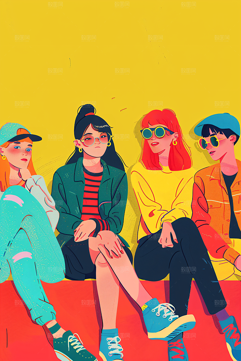 青年人物欢聚青春插画