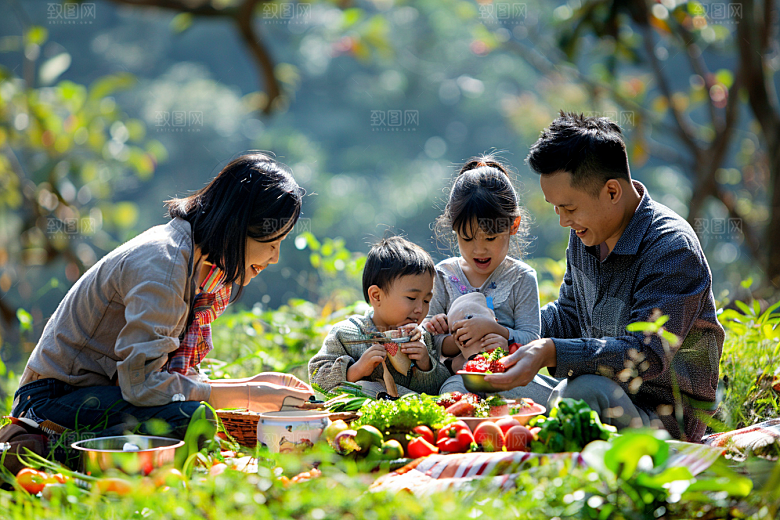 亲子露营野餐吸氧摄影图