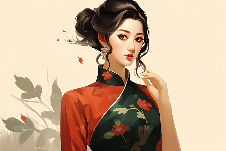 旗袍美女中国风水墨插画