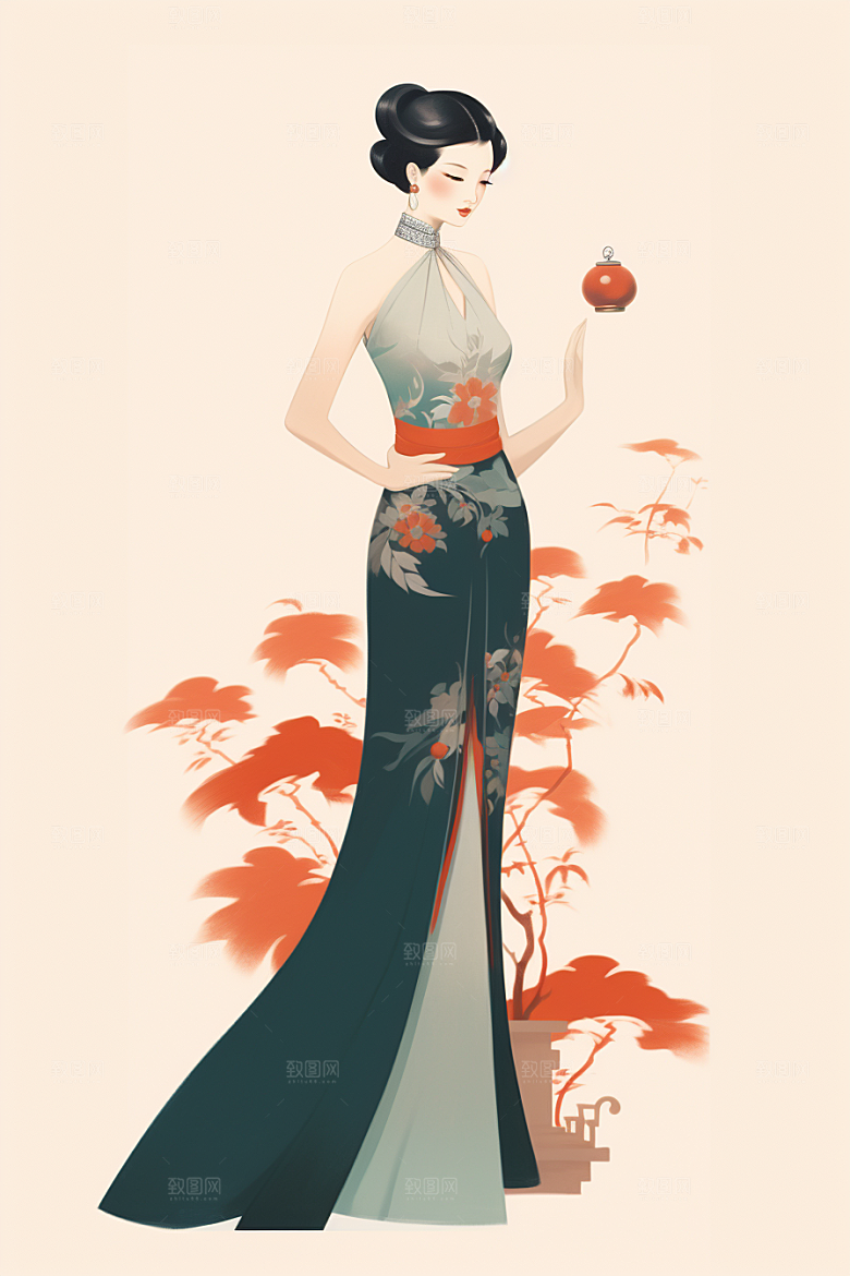 旗袍美女优雅新中式插画