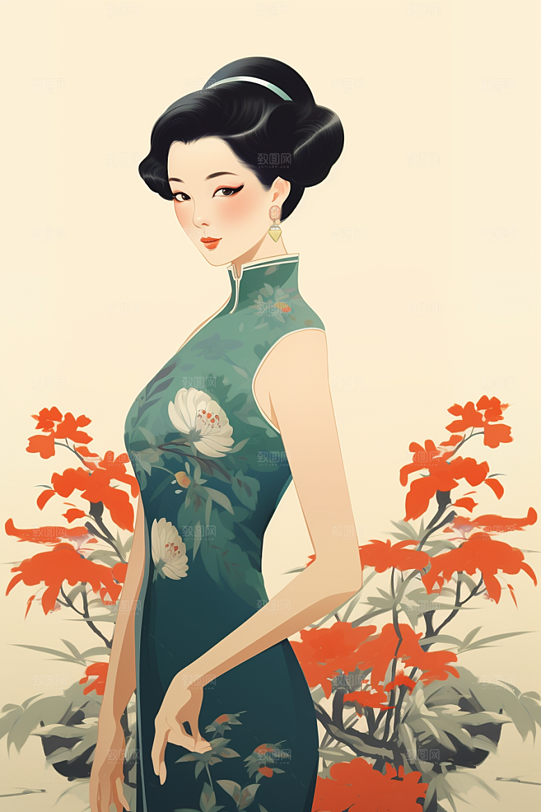 旗袍美女水墨传统插画