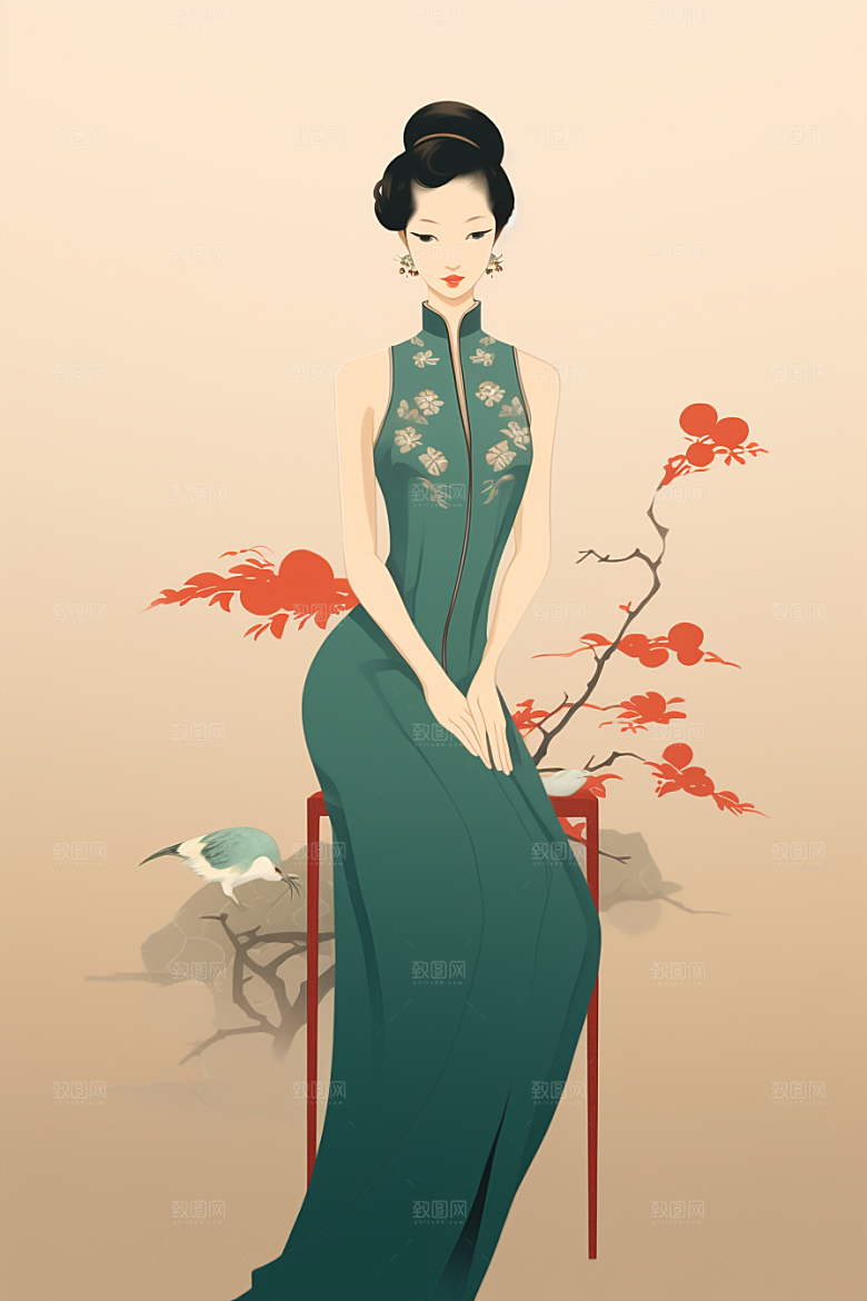旗袍美女艺术优雅插画