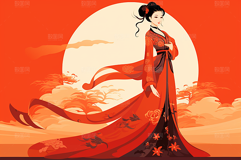 旗袍美女手绘水墨插画