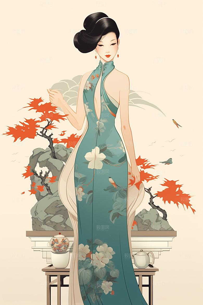 旗袍美女手绘高贵插画
