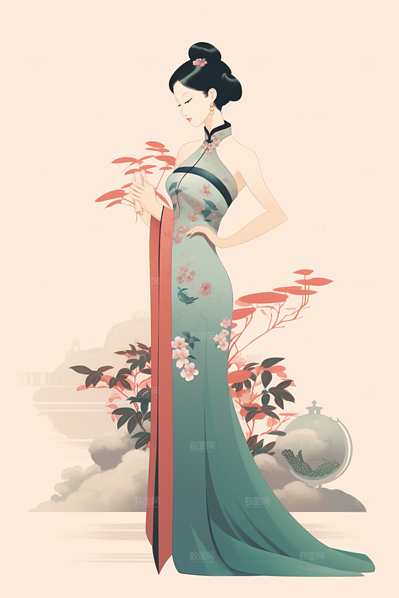 旗袍美女水墨传统插画